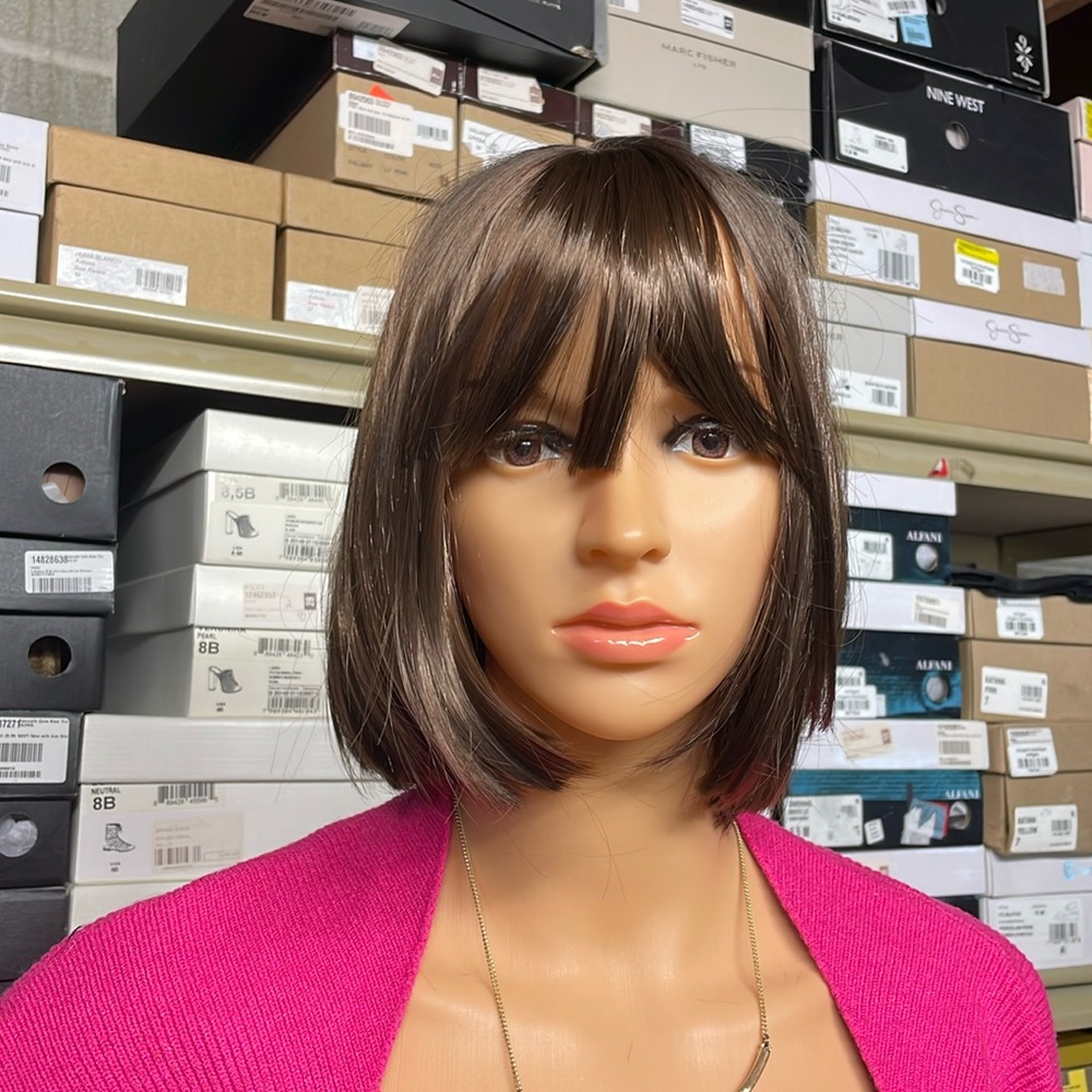 NWT 10” rich dark brown dinky wig straight spiky bangs side fall bob style